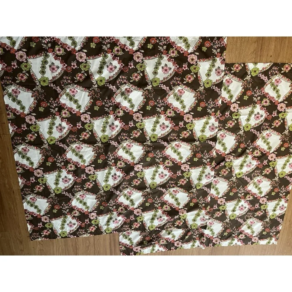 Vintage Handmade Curtains Retro Brown Olive Green Pink Floral One Pair 45” X 48”